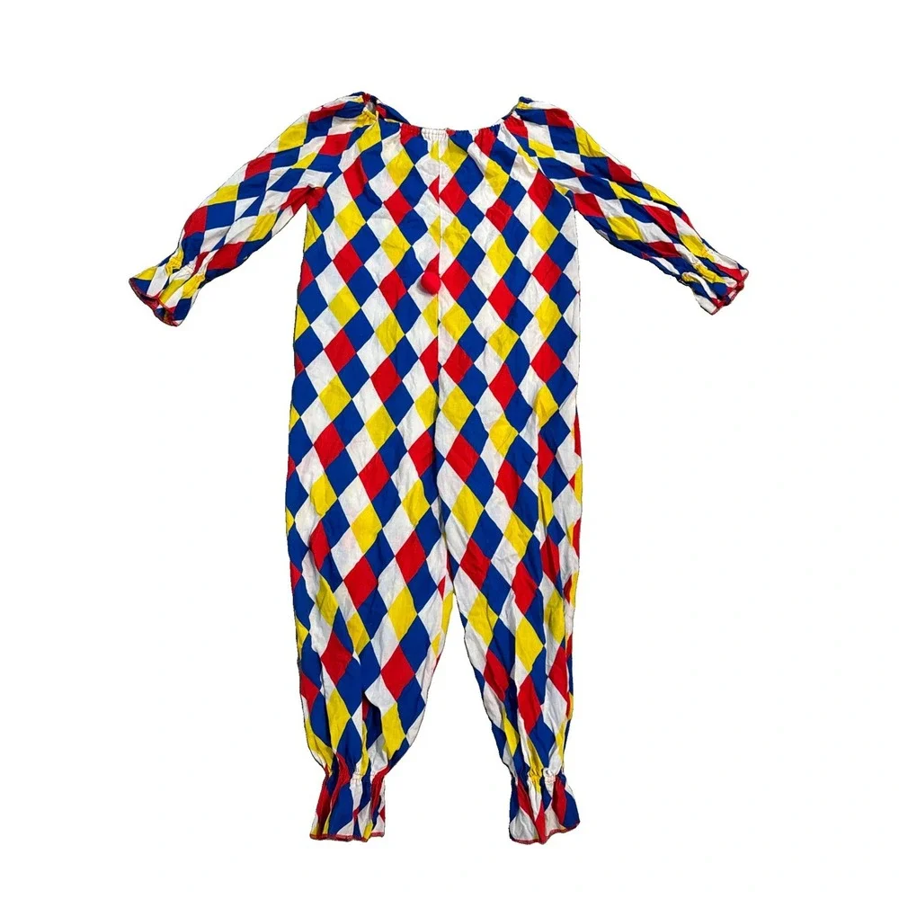 Vintage Hand Sewn Clown Costume One Piece Adult Multicolor Striped Pom